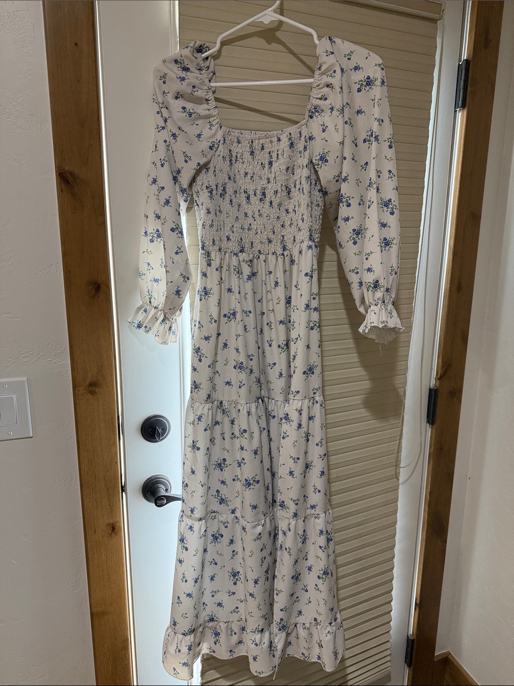 Cream Maxi Dress with Blue Floral Print and Smocked Bodice